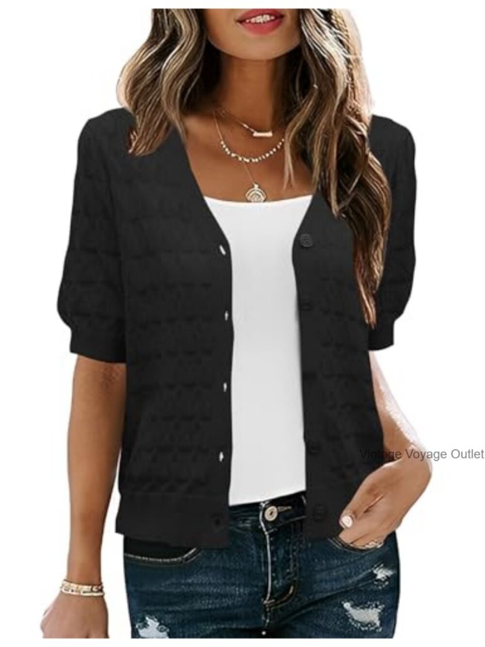 IECCP Lightweight Viscose Knit Cardigan Sweater Puff Short Sleeve Shrug